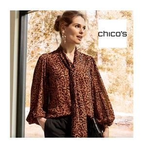 Chico's Animal Print tie-neck Blouse, long sleeve, Chico's size 2 (size 14)